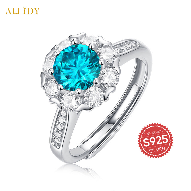 Deluxe S925 Silber Mossan Diamant Zirkon Blau Ring