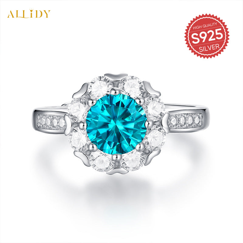 Deluxe S925 Silber Mossan Diamant Zirkon Blau Ring