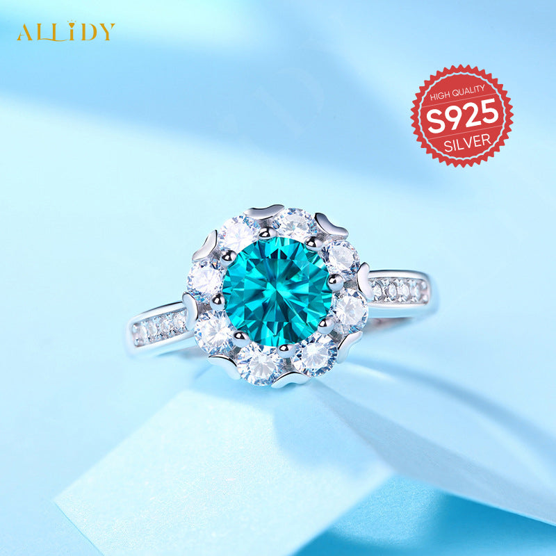 Deluxe S925 Silber Mossan Diamant Zirkon Blau Ring