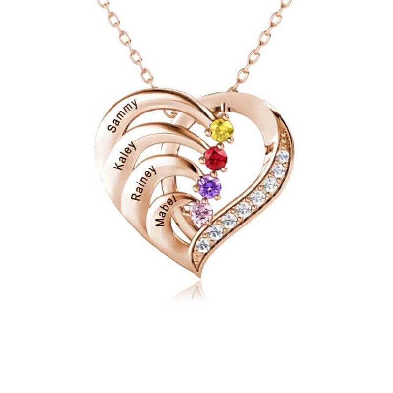 Family Couple Custom Birthday Stone Engraved Heart-shaped Pendant Stainless Steel Necklace