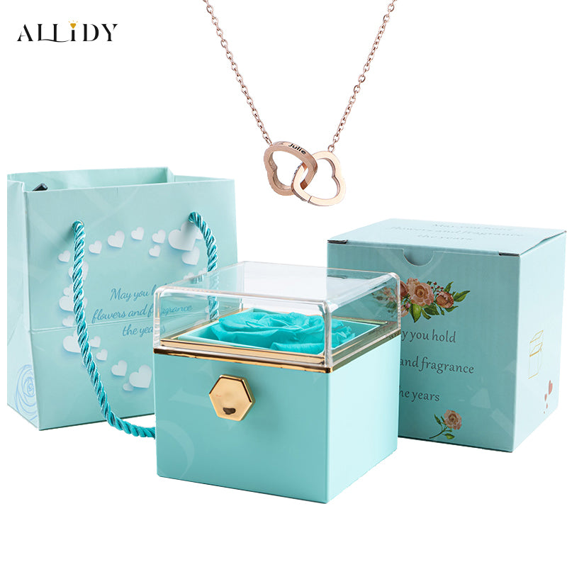 Custom Double Heart engraved Name Steel Necklace Eternal Rose box for Women Creative Surprise Confession Proposal Gifts