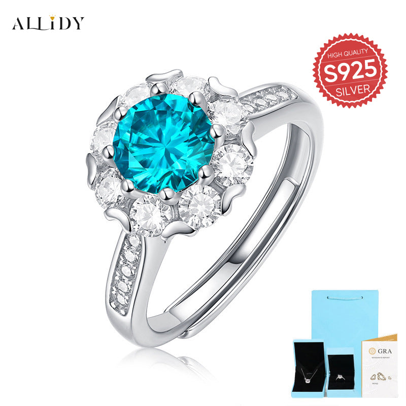 Deluxe S925 Silber Mossan Diamant Zirkon Blau Ring