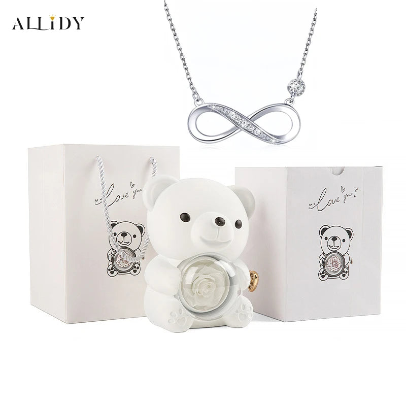 2025 Mother's Day Gifts Idea 8-Character Infinite Love Necklace Real Rose Teddy Bear Jewelry Storage Gift Box for Wife Mom Women