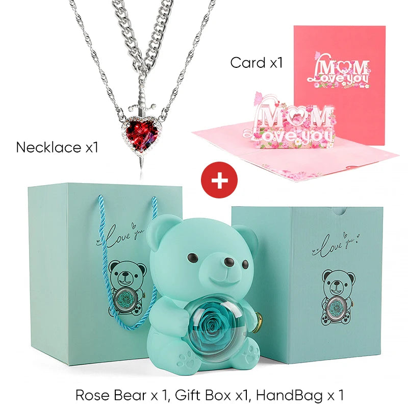 Mother's Day 3D Card Red Zircon Heart and Sword Necklace Double Necklace Real Rose Hug Bear Mothers Day Jewelry Gift Set for Mom