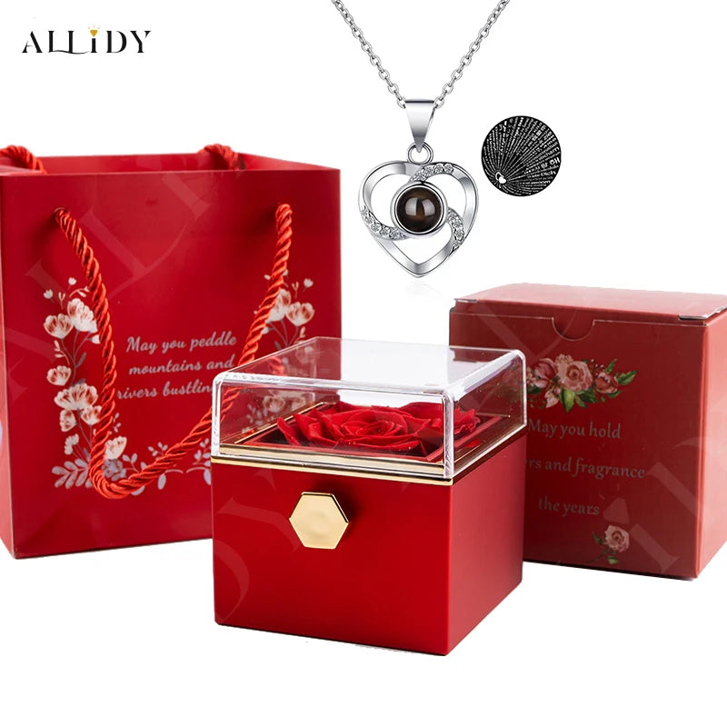 Rotation Real Rose Valentine's Day Marriage Acrylic Jewelry Gift Boxes 100 Languages Projection Necklace for Women Girl Lover
