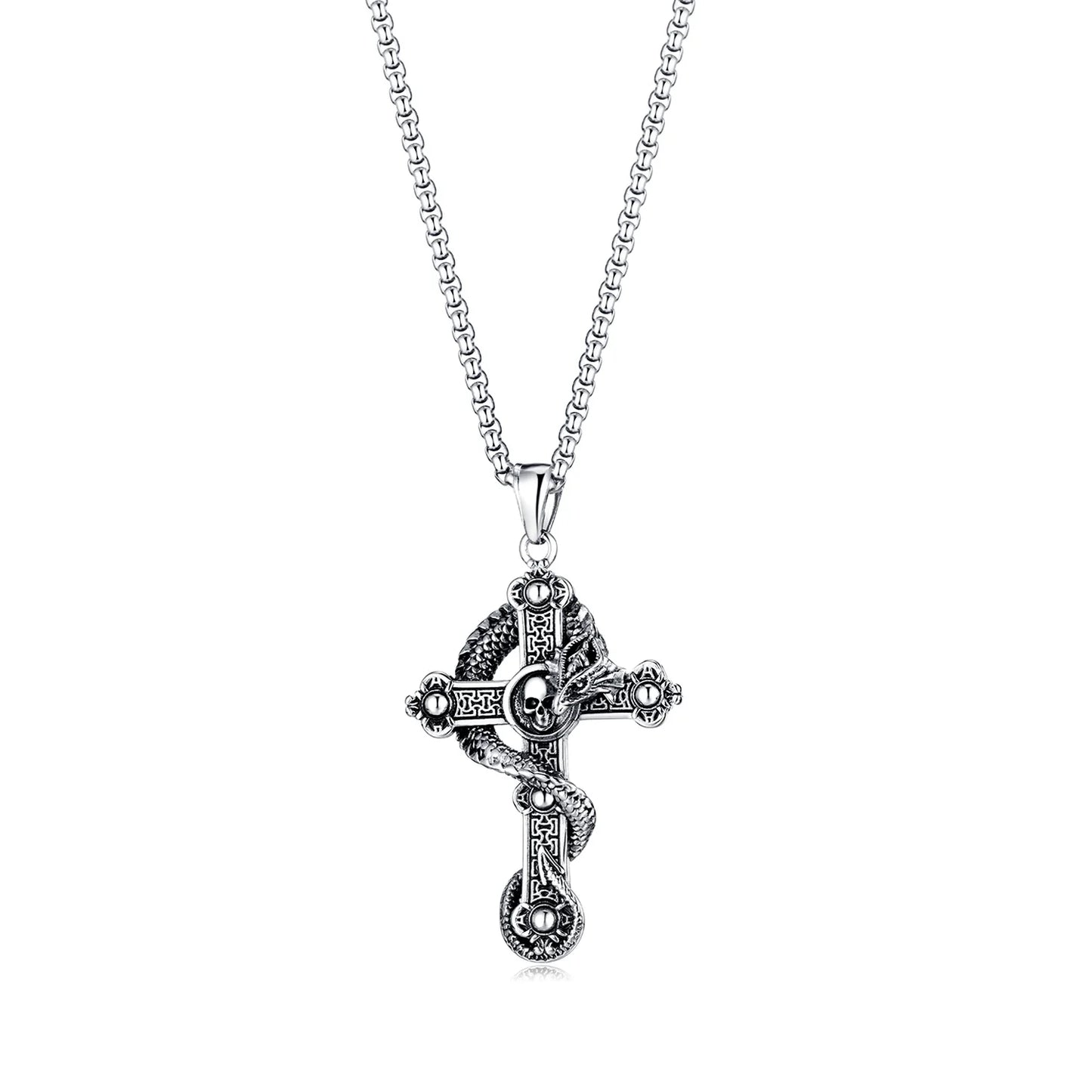 Vintage Dragon Skull Cross Necklace for Men – Gothic Titanium Steel Hip Hop Pendant Jewelry