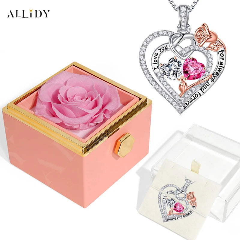 Rose Heart-Shaped Diamond-Inlaid Necklace for Women – Fashion Clavicle Chain with Eternal Preserved Rose Gift Box