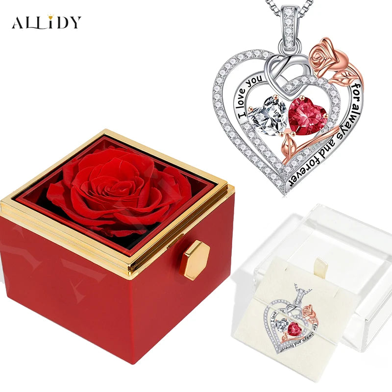 Rose Heart-Shaped Diamond-Inlaid Necklace for Women – Fashion Clavicle Chain with Eternal Preserved Rose Gift Box