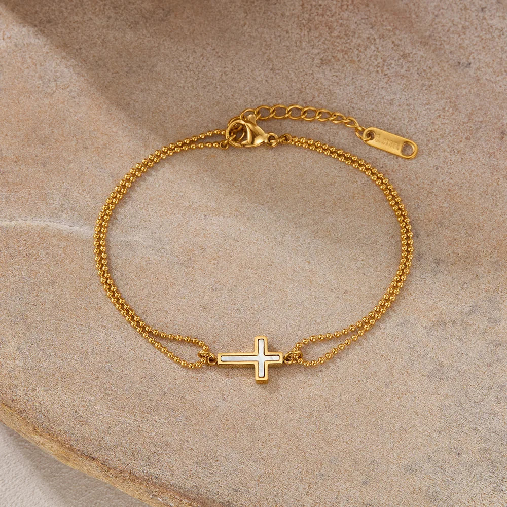 Minimalist Double Layer Cross Stainless Steel Bracelet for Women – Stylish Beaded Chain Jewelry