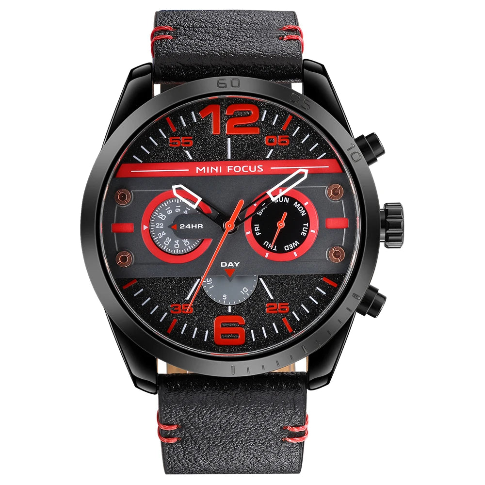 MINIFOCUS Men's Japanese Black Quartz Watch Multifunction Waterproof True Belt Trendy Casual Fashion Watch Gift for Men
