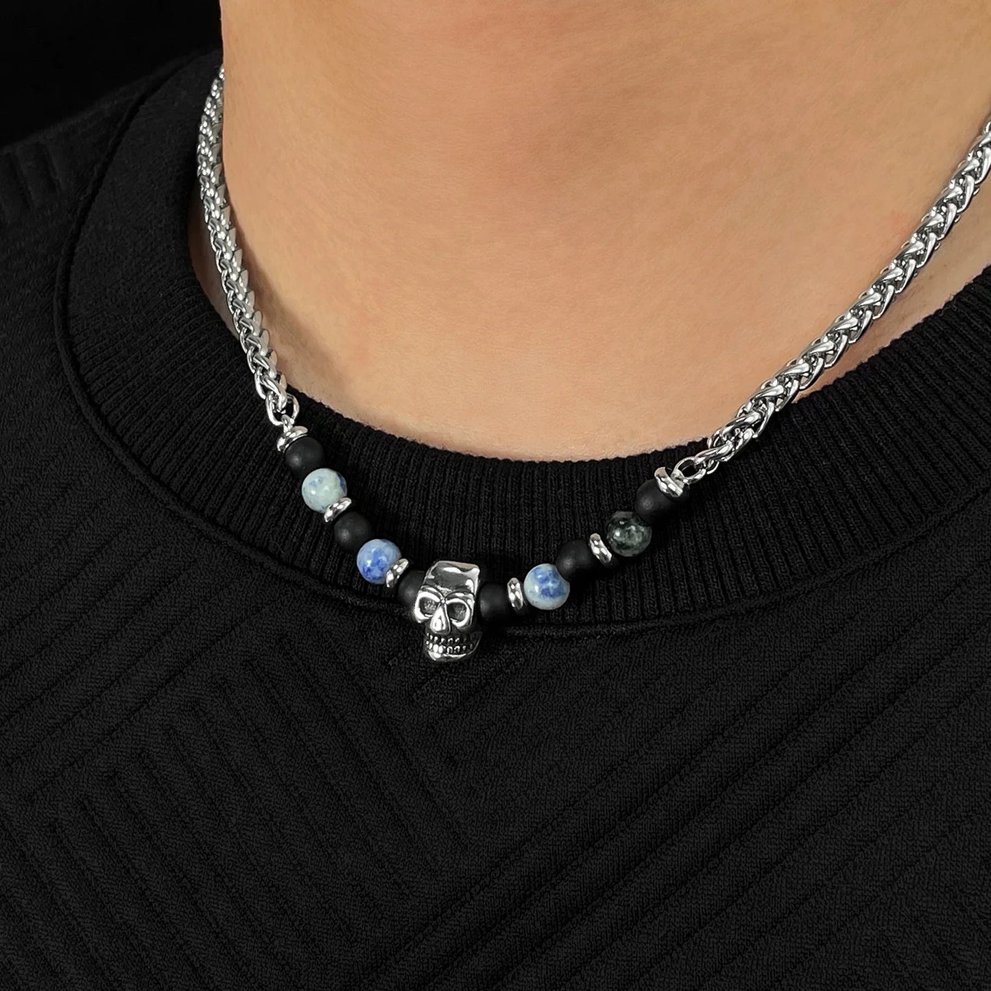 Men’s Skull Pendant Necklace – Stainless Steel Blue Dot Stone & Matte Beads Gothic Punk Jewelry