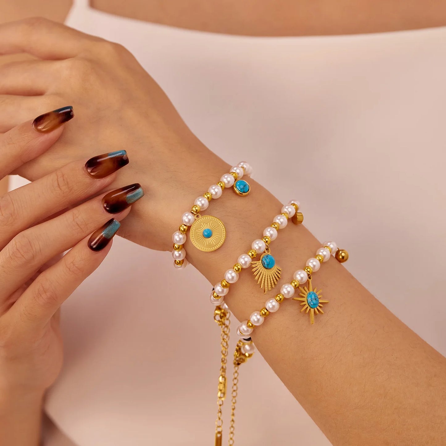 Vintage French Style Geometric Pearl Turquoise Bracelet – Creative Stainless Steel Chain Jewelry for Women