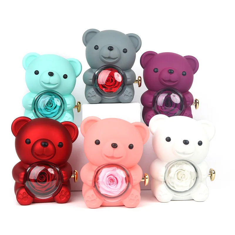 Real Preserved Eternal Rose Teddy/Hugging Bear Jewelry Storage Box Home Decoration Valentine's Day Gift Box