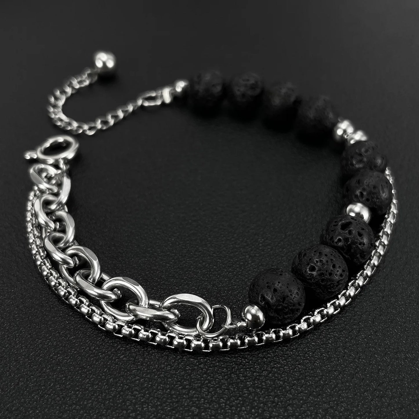Men’s Double-Layer Lava Stone Chain Bracelet – Creative Stainless Steel Beaded Wristband, Street Style Fashion Accessory