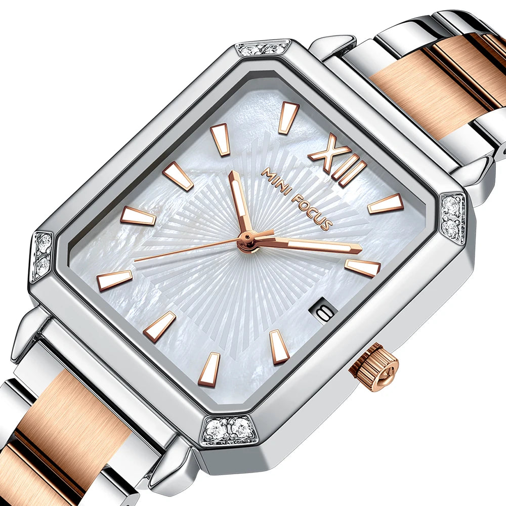 MINIFOCUS Women's Luxury Mini Square Watch Mother-of-Pearl Dial Luminous Stainless Steel Band Fashion Watch Gift for Women