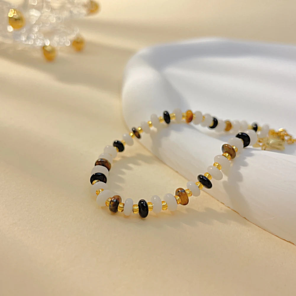 Bohemian Style Beaded Bracelet for Women – Retro Stainless Steel Tiger Eye Stone Dopamine Colorful Layered Wristband