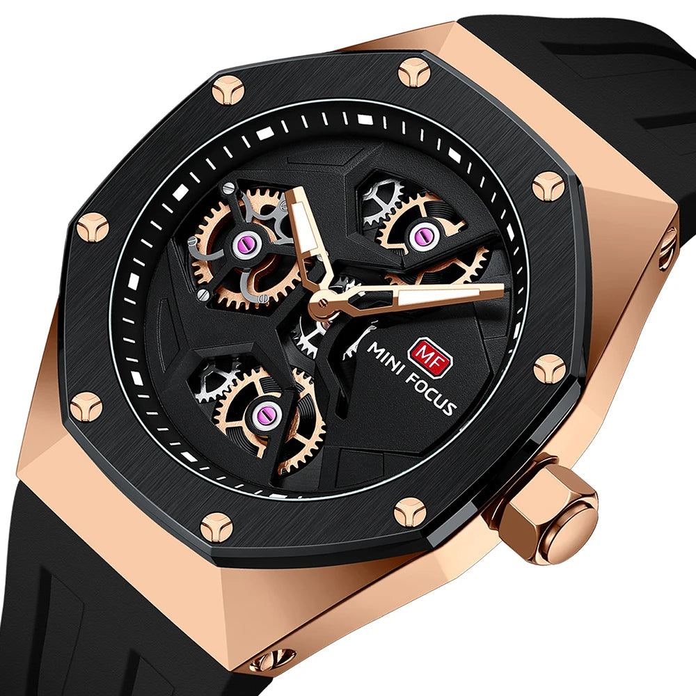 MINIFOCUS Skeleton Sport Men’s Watch Waterproof Japanese Quartz Movement Casual Wristwatch for Business Outdoor Gift for Him