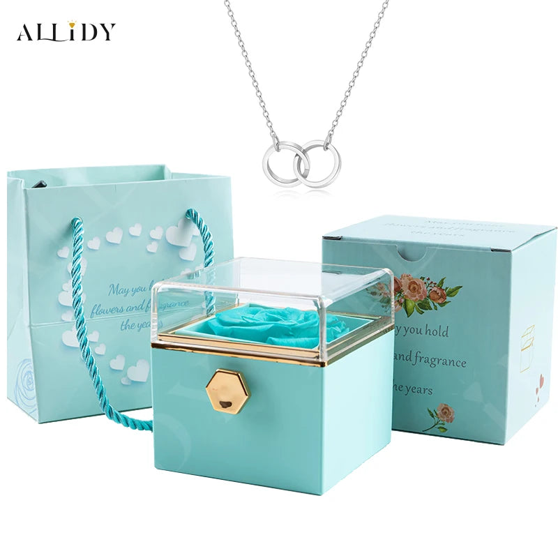 2025 New Valentine Eternal Rose Jewelry Ring Box Rotate Wedding Pendant Necklace Storage Case for Women Girlfriend