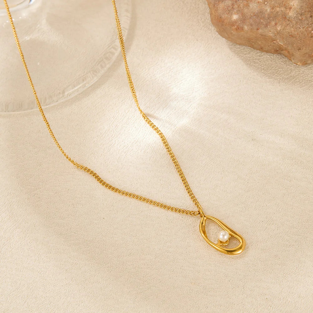 Geometric Pearl Pendant Necklace for Women – Trendy Irregular Stainless Steel Choker Chain