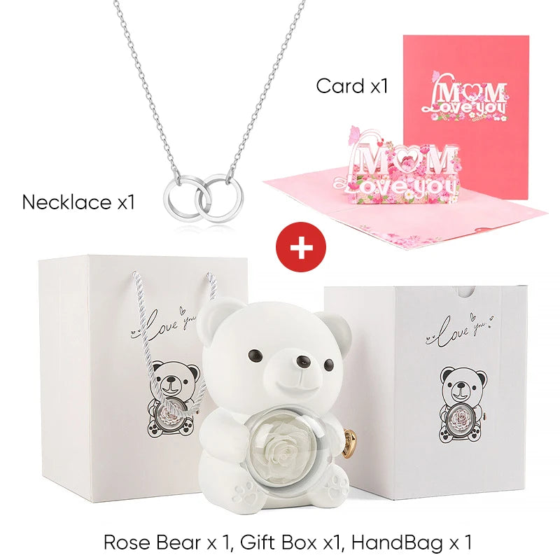 Mother's Day Gift Set Personalized Custom Necklace & Eternal Rose Teddy Bear and Beautiful Card Unique Jewelry Gift for Mom