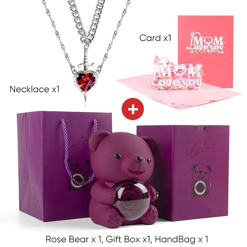 Mother's Day 3D Card Red Zircon Heart and Sword Necklace Double Necklace Real Rose Hug Bear Mothers Day Jewelry Gift Set for Mom