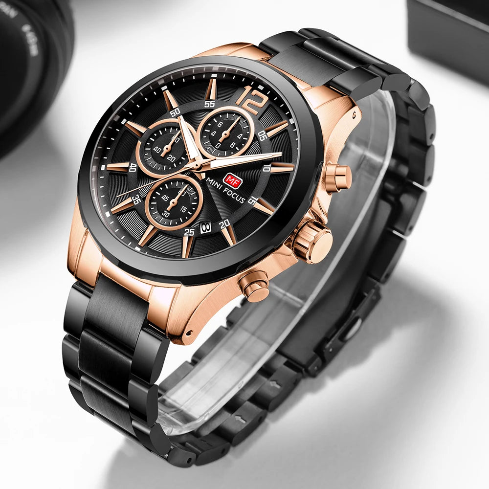 MINIFOCUS Men’s Luxury Automatic Mechanical Watch Six‑Hand Chronograph Date Luminous Waterproof Stainless Steel Band Business