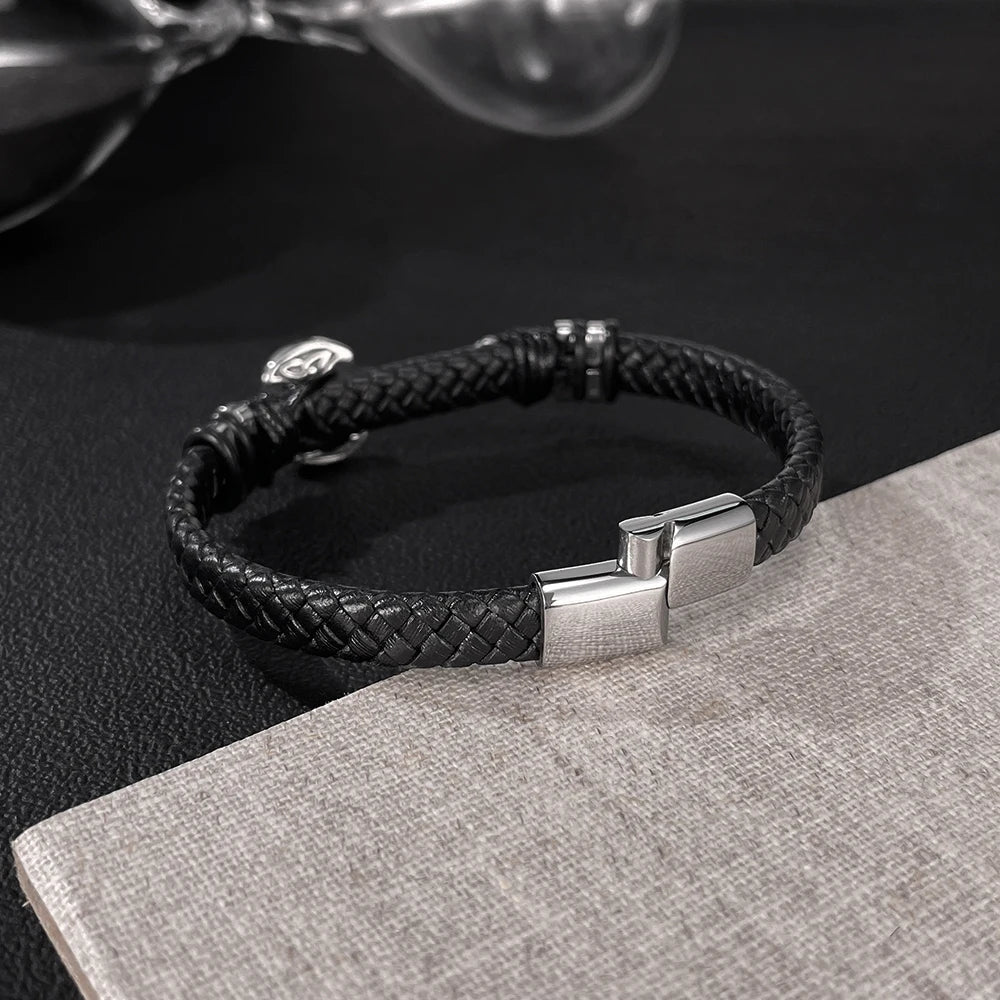 Men’s Axe Pendant Leather Bracelet – Braided Leather Wristband with Stainless & Titanium Steel, Bold Urban Style