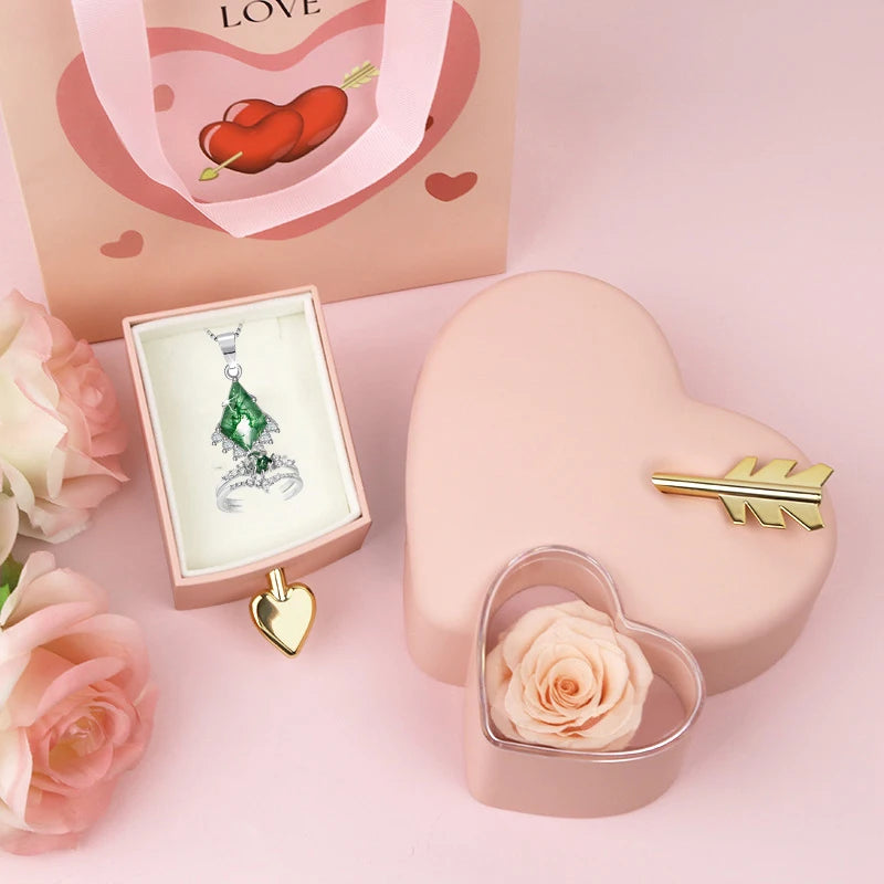 Green Moss Stone Stainless Steel Two-piece Ring Set with Creative Rose Drawer Jewelry Box Proposal Declaration Wedding Gifts Box