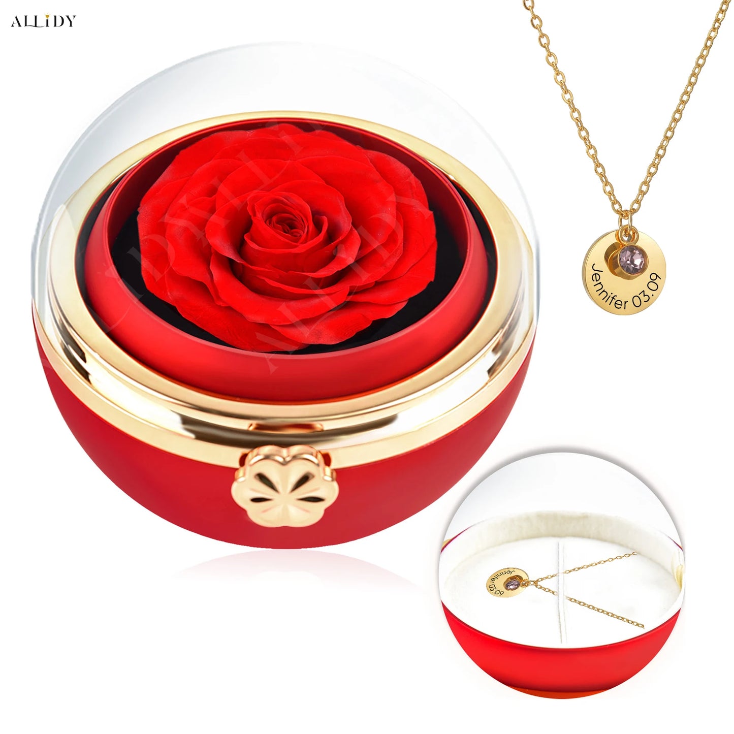 Stainless Steel Personalized Engraved Round Birthday Stone Pendant Necklace with Preserved Rose in Rotating Flower Gift Box