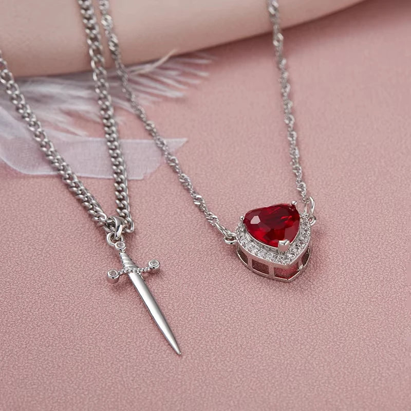 2PC Gothic Punk One Arrow Through The Heart Creative Two Color Couple Necklace Red Rhinestone Heart Dagger Necklace Friend Gift