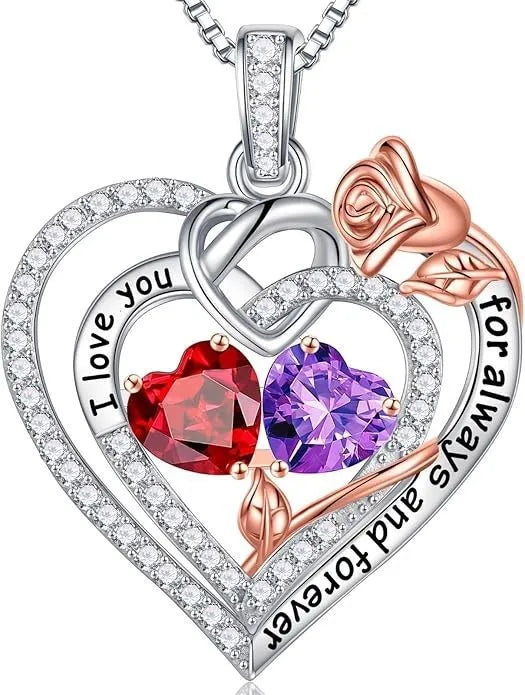 Valentine's Mother's Day Gift Set Rose Matching Color Double Gem Love Pendant Fashion Women's Necklace Rose Jewelry Box Gift Set