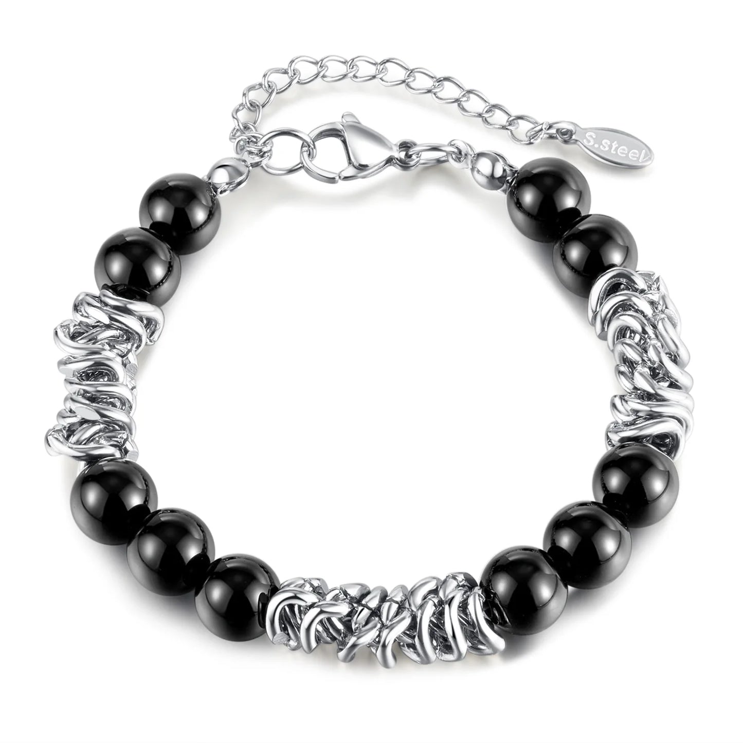 Unisex Black Glass Bead Bracelet – Minimalist Titanium Steel Wristband, High-End Stainless Steel Jewelry for Men & Women