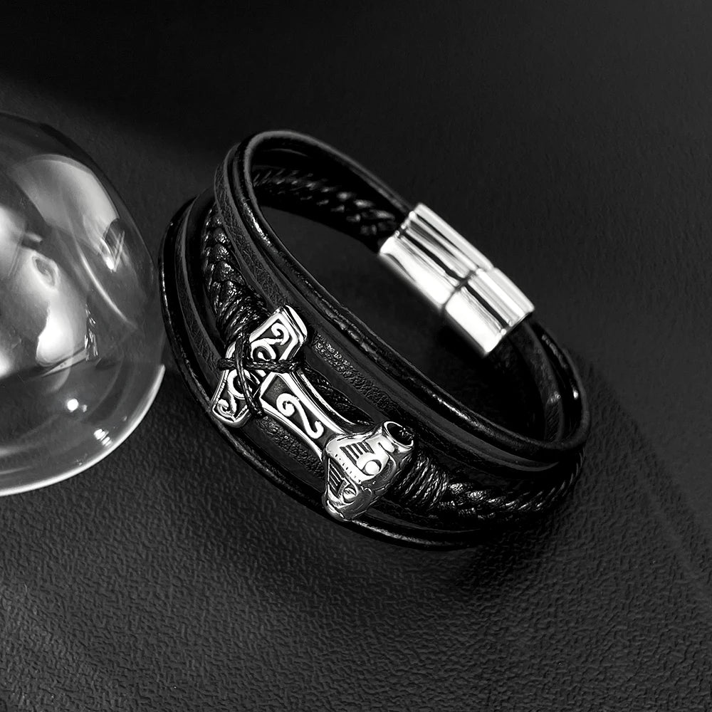 Men’s Vintage Geometric Leather Bracelet – Multi-Layer Braided Wristband with Stainless Steel Accents, Retro European Style