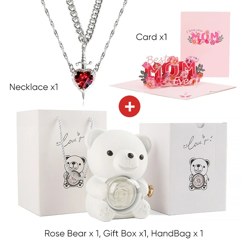 Mother's Day 3D Card Red Zircon Heart and Sword Necklace Double Necklace Real Rose Hug Bear Mothers Day Jewelry Gift Set for Mom