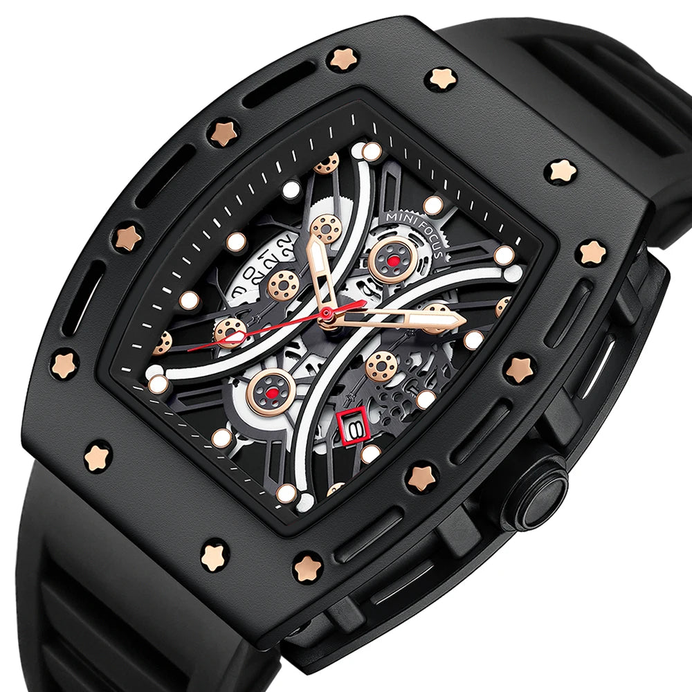 MINIFOCUS Men’s Hot Barrel‑Shaped Sport Watch Curved Glass Skeleton Dial Automatic Luminous Waterproof Watch Gift for Boyfriend