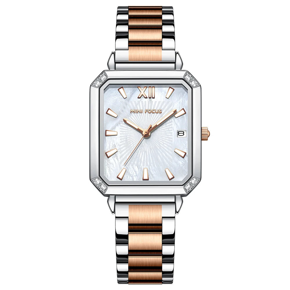 MINIFOCUS Women's Luxury Mini Square Watch Mother-of-Pearl Dial Luminous Stainless Steel Band Fashion Watch Gift for Women