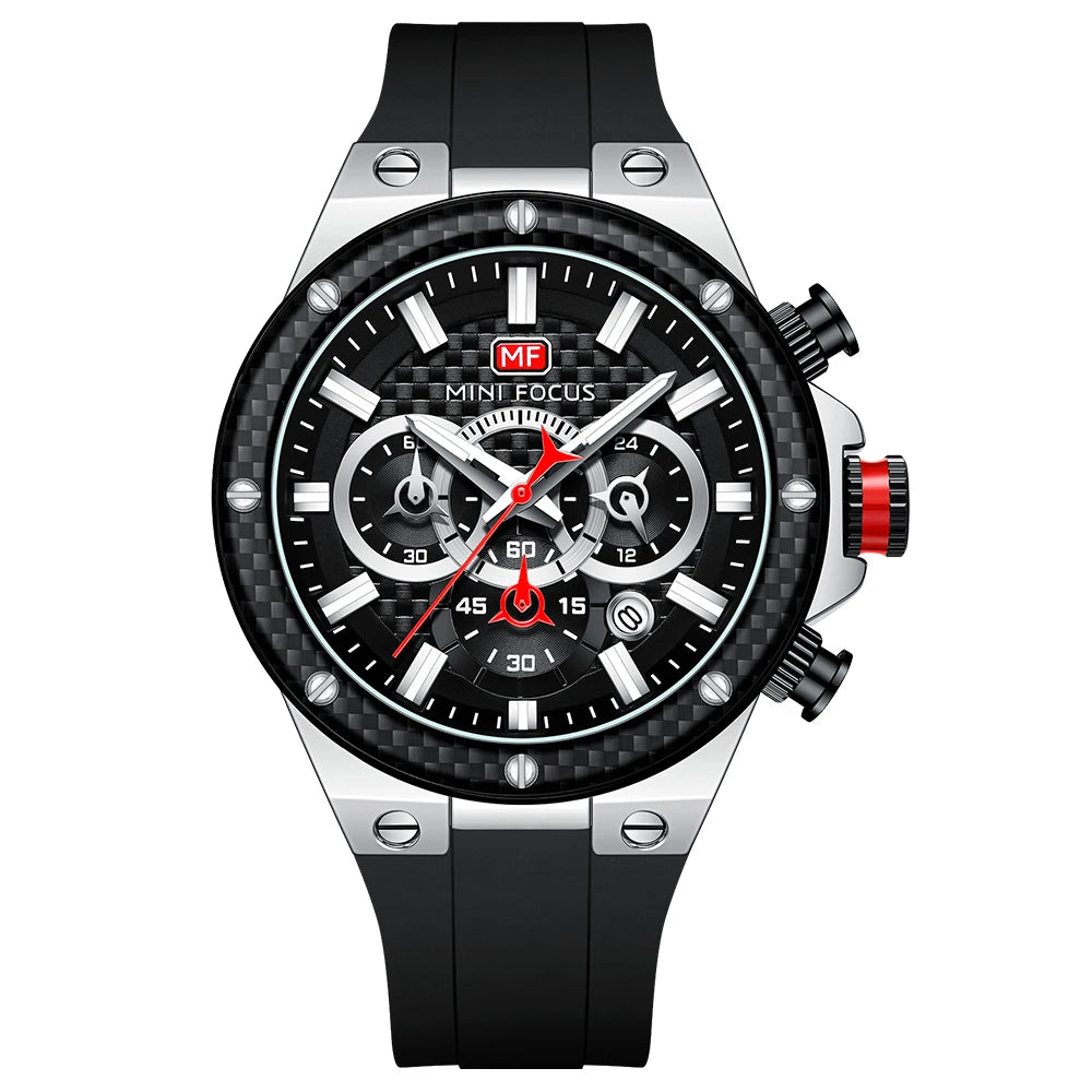 MINIFOCUS Men’s Sports Quartz Watch – Waterproof Chronograph Carbon Fiber Bezel Luminous Hands Multifunction Outdoor Timepiece