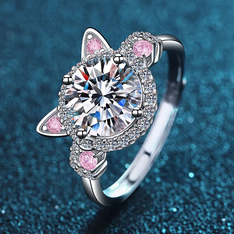 925 Sterling Silver Cute Cat Ear Design Artificial Zircon Ring with Eternal Rose Jewelry Gift Box Set for Girl Women