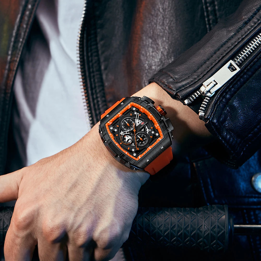 MINIFOCUS Luxury Men's Sports Watch Barrel Curved Glass Waterproof Luminous Automatic Analog Watch for Outdoor & Business