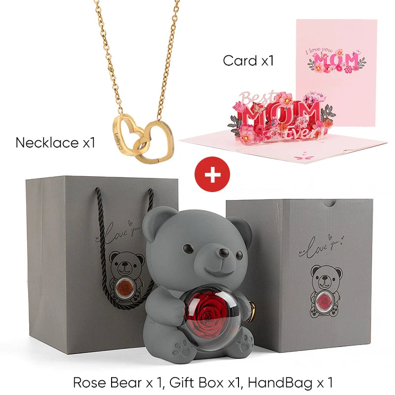 2025 New Beautiful 3D Mother's Day Card Roses Teddy Bear and Necklace Best Personalized Unique Mother’s Day Gifts for Mom