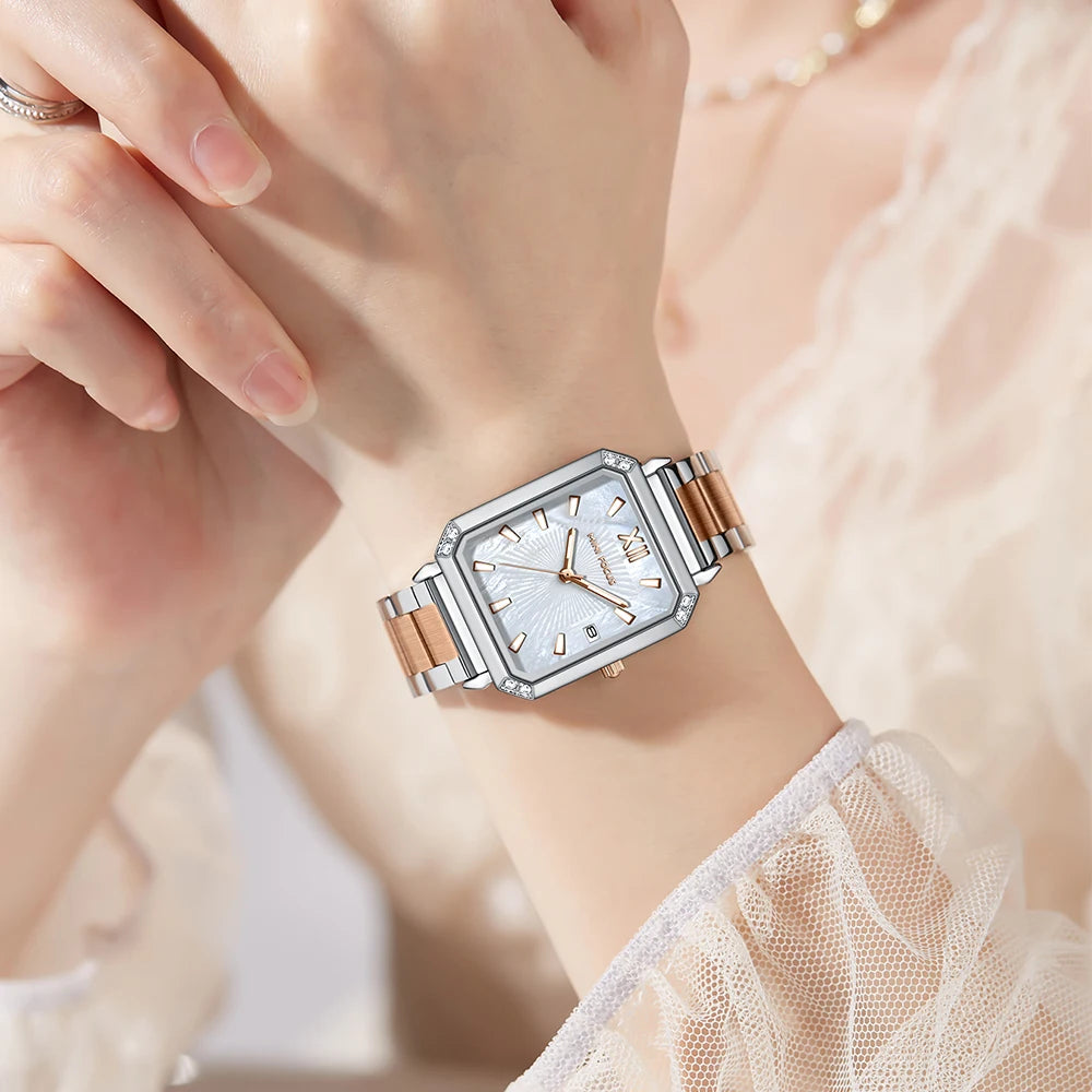 MINIFOCUS Women's Luxury Mini Square Watch Mother-of-Pearl Dial Luminous Stainless Steel Band Fashion Watch Gift for Women