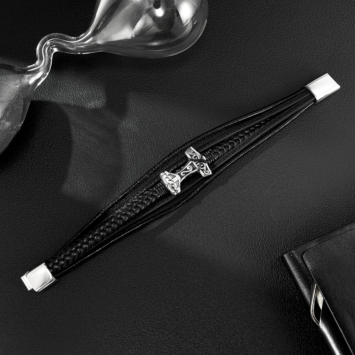Men’s Vintage Geometric Leather Bracelet – Multi-Layer Braided Wristband with Stainless Steel Accents, Retro European Style