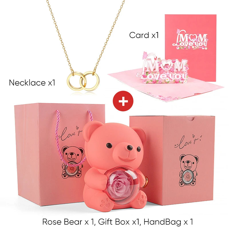 Mother's Day Gift Set Personalized Custom Necklace & Eternal Rose Teddy Bear and Beautiful Card Unique Jewelry Gift for Mom