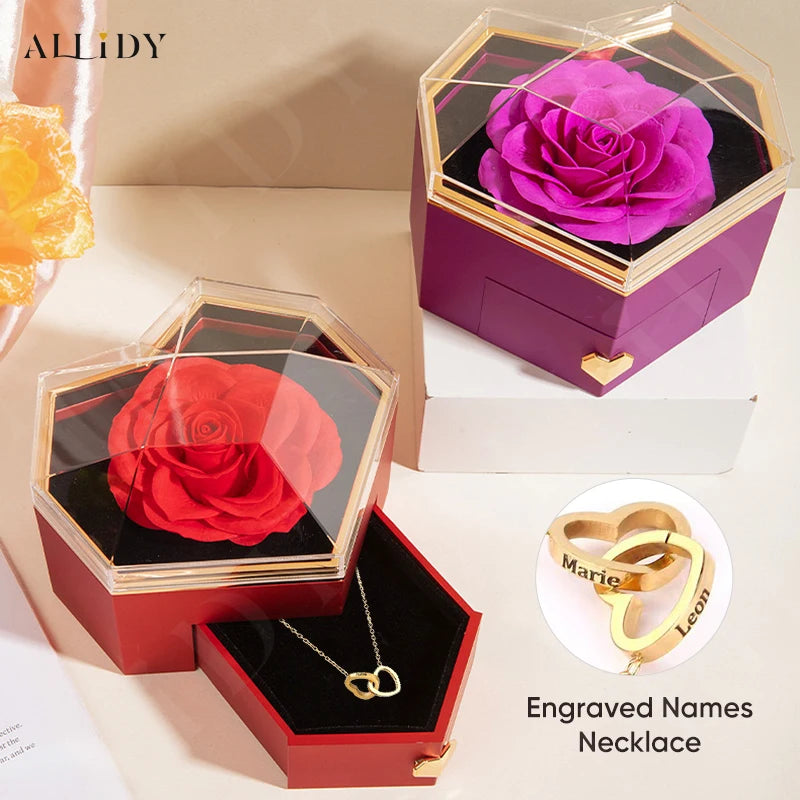 Heart Customize Name Heart Eternal Rose Jewelry Box For Birthday Mother's Day Valentine's Day Teachers' Day Gifts