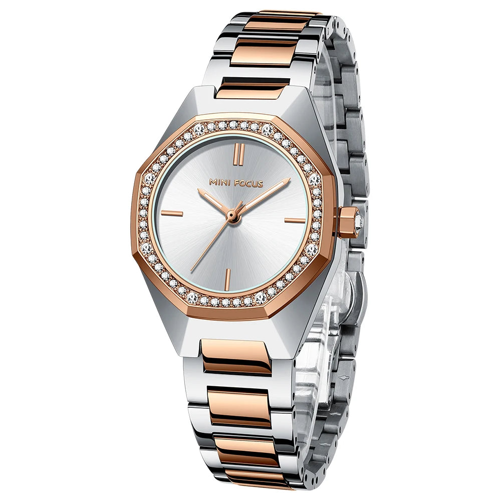 MINIFOCUS Women's Elegant Diamond Accented Octagon Quartz Watch Waterproof Stainless Band Luxury Fashion Watch Gift for Her