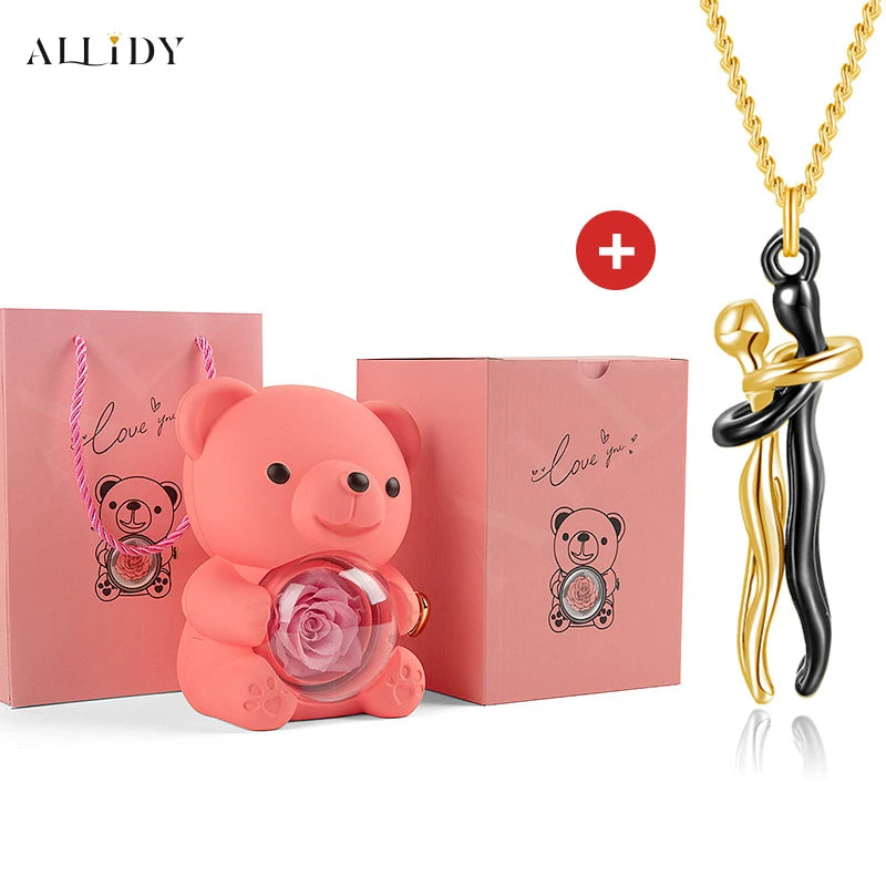 Hip Hop Embrace Couple Pendant Necklace Adjustable Hugging Pendant Necklace and Eternal Rose Bear Jewelry Box Valentine Day Gift