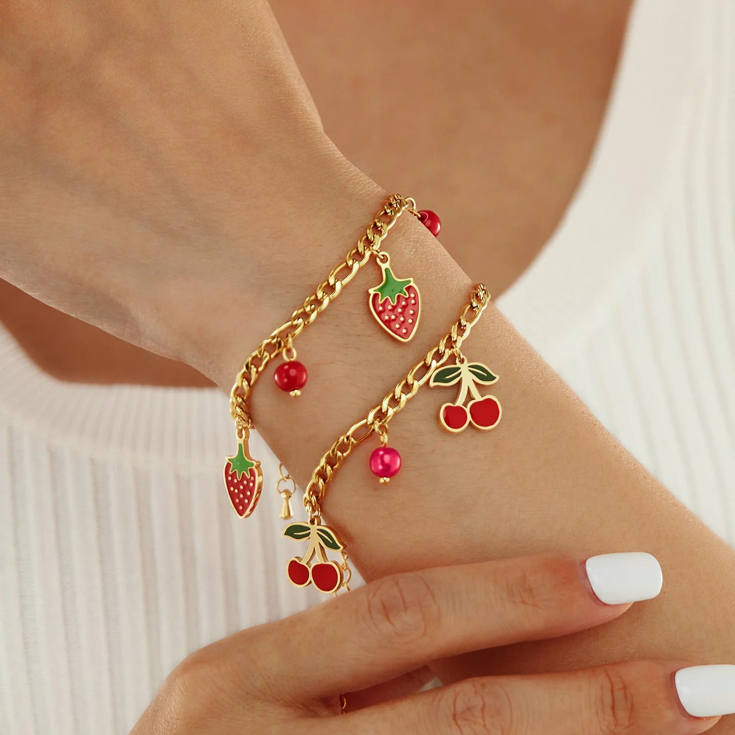Fruit Charm Bracelet for Women – Stainless Steel Cherry Strawberry Enamel Titanium Steel Fashion Jewelry