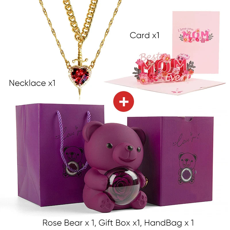 Mother's Day 3D Card Red Zircon Heart and Sword Necklace Double Necklace Real Rose Hug Bear Mothers Day Jewelry Gift Set for Mom