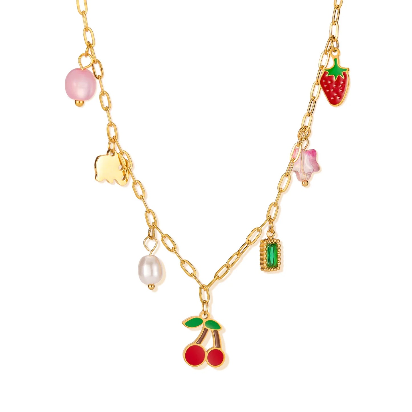 Trendy Cherry Pendant Necklace for Women – Stainless Steel Multi-Charm Aesthetic Clavicle Chain