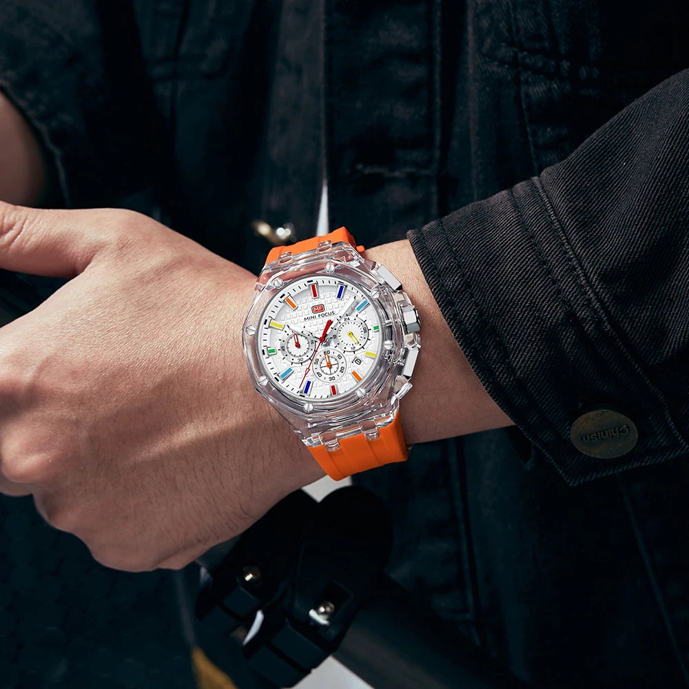 MINIFOCUS Trendy Mens Watch Ultra Lightweight Octagonal Transparent Case Multifunction Quartz Luminous Fashion Sport Watch